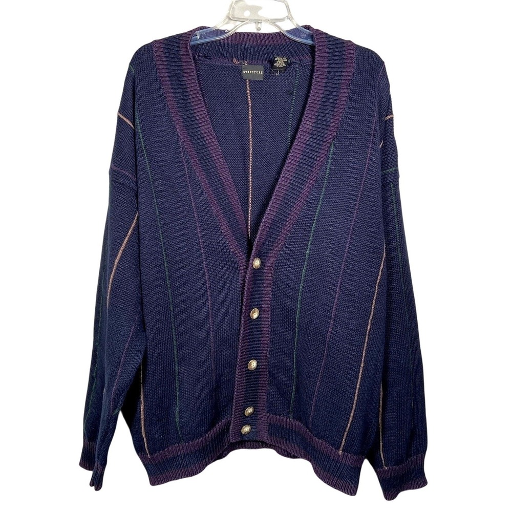 Structure Vintage Cardigan‎ XL Ramie Striped Navy 90s Grandpa Knit